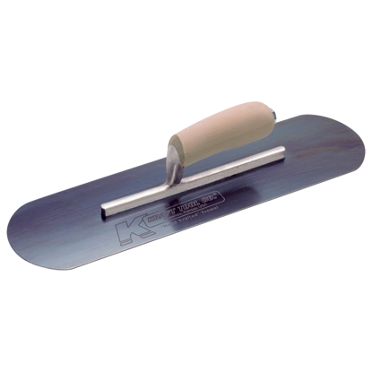 Picture of 10" x 3" Blue Steel Pool Trowel with a Camel Back Wood Handle on a Short Shan